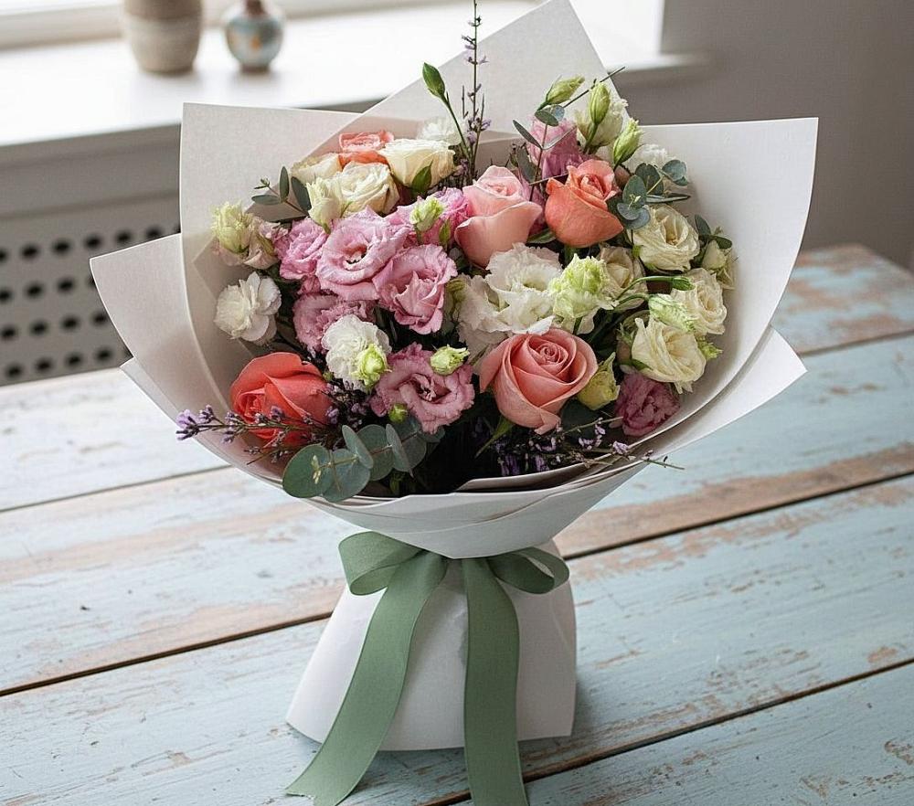 Букет цветов из: Розы, Лизиантусы и Гвоздики в Советский Ленинградской области