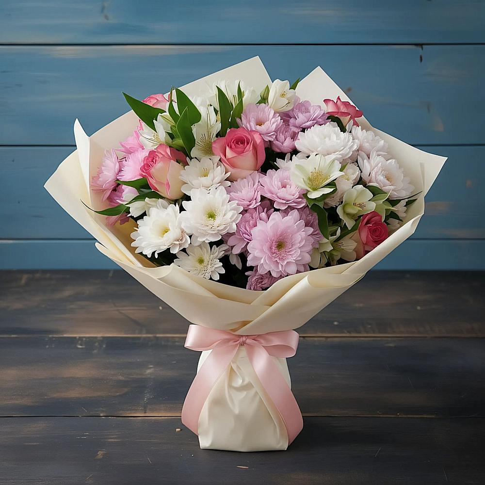 Букет цветов из: Хризантемы, Альстромерии и Розы в Советский Ленинградской области